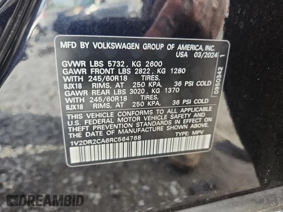 ✅ 2024 Volkswagen Atlas SE • VIN: 1V2DR2CA6RC564768 • Lot: 59758975. Wystawiony na Copart z przebiegiem 12 856 mil. Bezpłatny archiwum sprzedaży aukcyjnych z USA i szczegółowy raport historii pojazdu na DreamBid. Zdjęcie 14.