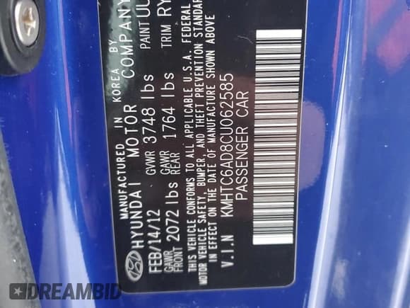 ✅ 2012 Hyundai Veloster w/Gray Int • VIN: KMHTC6AD8CU062585 • Lot: 88323585. Listed on Copart with Not provided. Free auction sales archive from the USA and detailed vehicle history report at DreamBid. Image 13.