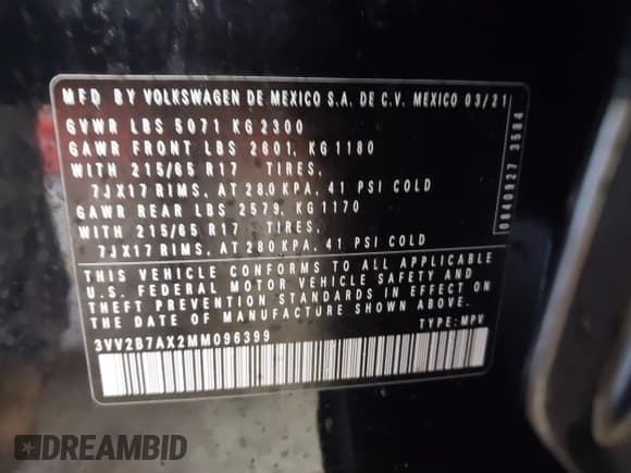 ✅ 2021 Volkswagen Tiguan SE • VIN: 3VV2B7AX2MM096399 • Lot: 42247061. Wystawiony na IAAI z przebiegiem 54 273 mil. Bezpłatny archiwum sprzedaży aukcyjnych z USA i szczegółowy raport historii pojazdu na DreamBid. Zdjęcie 9.