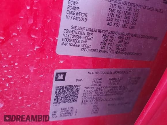 ✅ 2020 Chevrolet Silverado 1500 Custom • VIN: 1GCRYBEK2LZ372820 • Lot: 52373015. Listed on Copart with 178,821 mi. Free auction sales archive from the USA and detailed vehicle history report at DreamBid. Image 12.