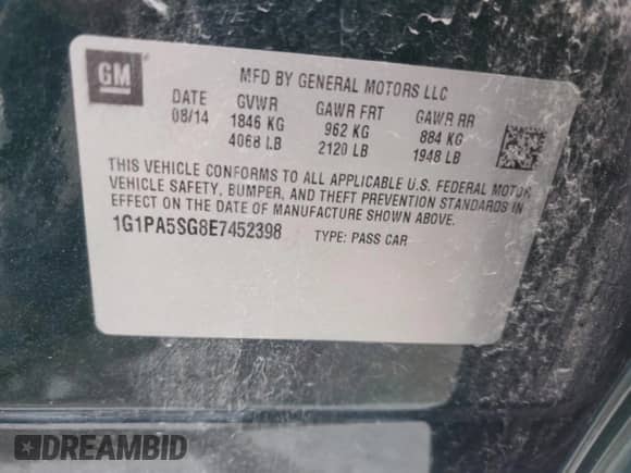 2014 Chevrolet Cruze LS z VIN 1G1PA5SG8E7452398, wystawiony jako Copart lot #84422375 z przebiegiem 101 808 mil mil oraz Nie do naprawy • Non repairable. Historia ofert i sprzedaży dostępna na DreamBid. Obrazek 12.