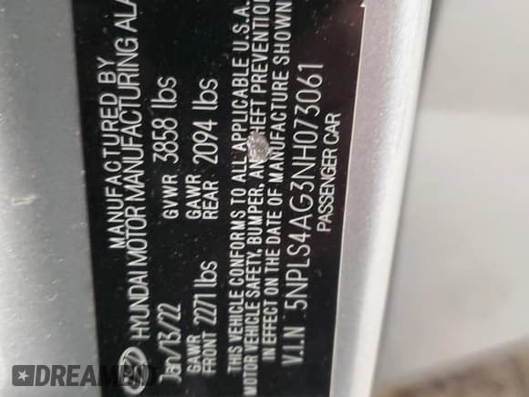 ✅ 2022 Hyundai Elantra SEL • VIN: 5NPLS4AG3NH073061 • Lot: 87027885. Listed on Copart with 38,929 mi. Free auction sales archive from the USA and detailed vehicle history report at DreamBid. Image 12.