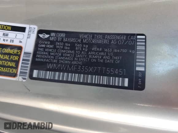 2007 MINI Hardtop с VIN WMWMF335X7TT55451, выставлен на аукционе Copart как лот 85197805 с пробегом 167 048 миль миль и Списание • Salvage title. История ставок и продаж доступна на DreamBid. Изображение 12.