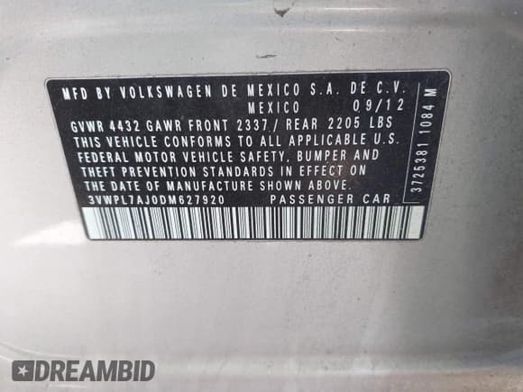 ✅ 2013 Volkswagen Jetta TDI w/Sunroof & Nav • VIN: 3VWPL7AJ0DM627920 • Lot: 42629396. Listed on IAAI with 138,741 mi. Free auction sales archive from the USA and detailed vehicle history report at DreamBid. Image 9.