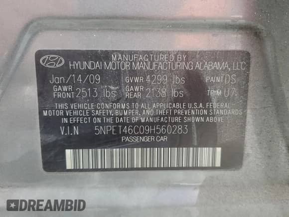 ✅ 2009 Hyundai Sonata GLS • VIN: 5NPET46C09H560283 • Lot: 89515255. Listed on Copart with 212,077 mi. Free auction sales archive from the USA and detailed vehicle history report at DreamBid. Image 13.