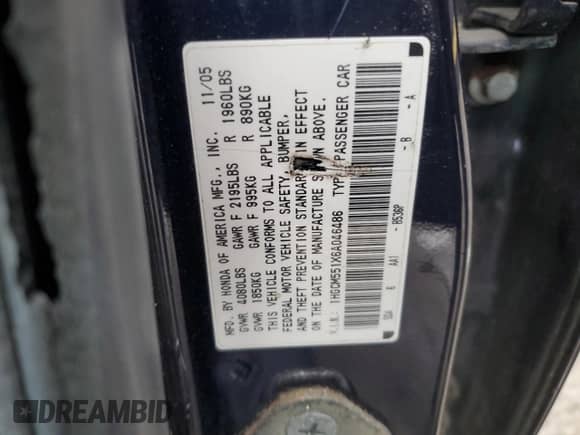 2006 Honda Accord VP with VIN 1HGCM551X6A046486, listed as a Copart auction lot 43422654 with Not provided miles and Salvage title. Bid and sale history available at DreamBid. Image 12.