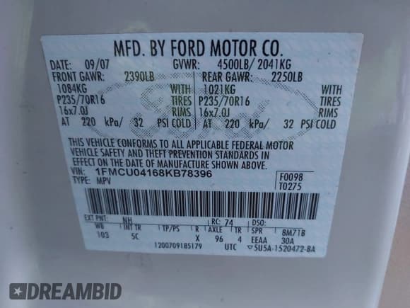 ✅ 2008 Ford Escape Limited • VIN: 1FMCU04168KB78396 • Lot: 43692466. Listed on IAAI with 158,740 mi. Free auction sales archive from the USA and detailed vehicle history report at DreamBid. Image 9.