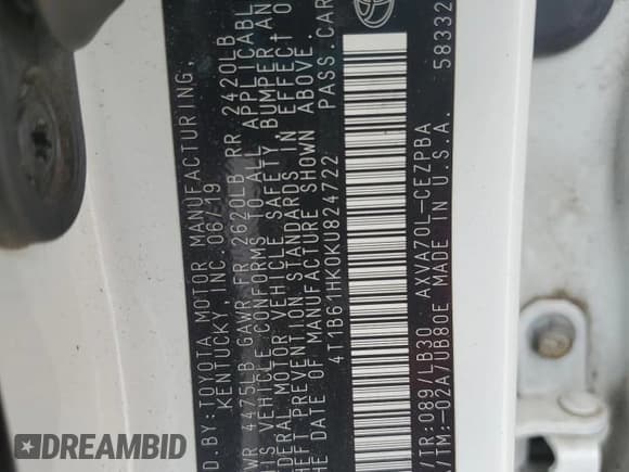 ✅ 2019 Toyota Camry XSE • VIN: 4T1B61HK0KU824722 • Lot: 59591385. Listed on Copart with 165,604 mi. Free auction sales archive from the USA and detailed vehicle history report at DreamBid. Image 12.