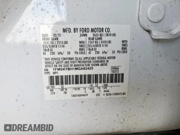 ✅ 2021 Ford Explorer • VIN: 1FMSK7BH1MGA82425 • Lot: 80904665. Wystawiony na Copart z przebiegiem 65 723 mil. Bezpłatny archiwum sprzedaży aukcyjnych z USA i szczegółowy raport historii pojazdu na DreamBid. Zdjęcie 14.