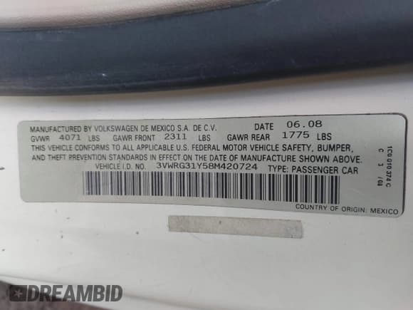 ✅ 2008 Volkswagen Beetle SE • VIN: 3VWRG31Y58M420724 • Lot: 43693883. Listed on IAAI with 149,576 mi. Free auction sales archive from the USA and detailed vehicle history report at DreamBid. Image 9.