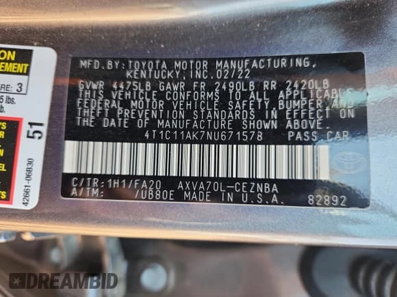 ✅ 2022 Toyota Camry LE • VIN: 4T1C11AK7NU671578 • Лот: 82737545. Опубликован ранее на Copart с пробегом 49 154 миль. Бесплатный доступ к архиву аукционных продаж из США и подробный отчёт об истории автомобиля на DreamBid. Изображение 13.