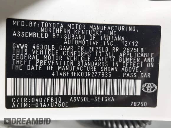 2013 Toyota Camry L с VIN 4T4BF1FK0DR277835, выставлен на аукционе IAAI как лот 39705021 с пробегом 101 235 миль миль и . История ставок и продаж доступна на DreamBid. Изображение 9.