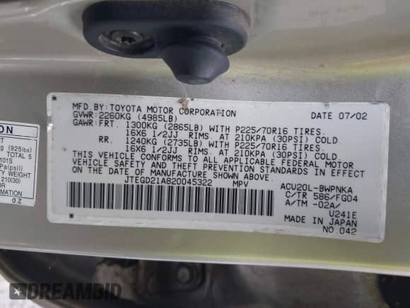 2002 Toyota Highlander с VIN JTEGD21A820045322, выставлен на аукционе IAAI как лот 43477123 с пробегом 234 991 миль миль и . История ставок и продаж доступна на DreamBid. Изображение 9.