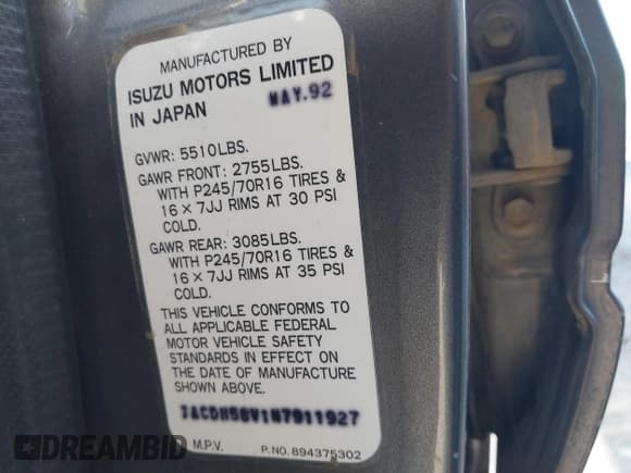 ✅ 1992 Isuzu Trooper S • VIN: JACDH58V1N7911927 • Lot: 43900357. Listed on IAAI with 143,551 mi. Free auction sales archive from the USA and detailed vehicle history report at DreamBid. Image 9.