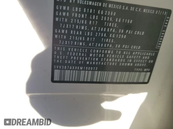 ✅ 2019 Volkswagen Tiguan SE • VIN: 3VV3B7AX9KM190913 • Lot: 90805875. Listed on Copart with 69,071 mi. Free auction sales archive from the USA and detailed vehicle history report at DreamBid. Image 14.