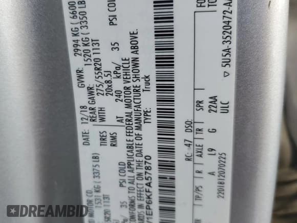 ✅ 2019 Ford F-150 XL • VIN: 1FTEW1EP6KFA57870 • Lot: 81021565. Listed on Copart with 109,336 mi. Free auction sales archive from the USA and detailed vehicle history report at DreamBid. Image 13.