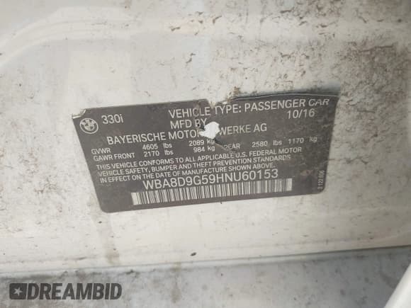 ✅ 2017 BMW 3 Series 330i xDrive • VIN: WBA8D9G59HNU60153 • Lot: 42700234. Listed on IAAI with 68,283 mi. Free auction sales archive from the USA and detailed vehicle history report at DreamBid. Image 9.