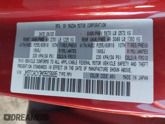 ✅ 2021 Mazda CX-9 Touring • VIN: JM3TCACY3M0503885 • Lot: 43456010. Wystawiony na IAAI z przebiegiem 56 510 mil. Bezpłatny archiwum sprzedaży aukcyjnych z USA i szczegółowy raport historii pojazdu na DreamBid. Zdjęcie 8.
