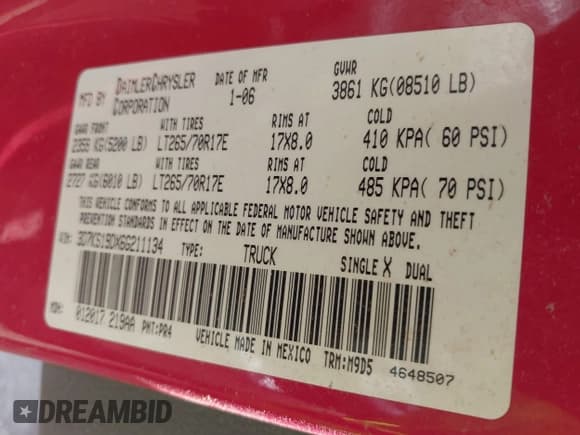 ✅ 2006 Dodge 1500 SLT • VIN: 3D7KS19DX6G211134 • Lot: 42829222. Wystawiony na IAAI z przebiegiem 207 002 mil. Bezpłatny archiwum sprzedaży aukcyjnych z USA i szczegółowy raport historii pojazdu na DreamBid. Zdjęcie 9.