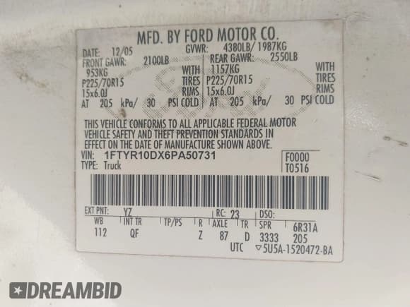 ✅ 2006 Ford Ranger XL • VIN: 1FTYR10DX6PA50731 • Lot: 39428539. Listed on IAAI with 138,757 mi. Free auction sales archive from the USA and detailed vehicle history report at DreamBid. Image 9.