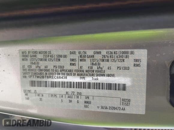 ✅ 2024 Ford F-250 XL • VIN: 1FT7W2BT8REC68438 • Lot: 42860037. Listed on IAAI with 81,882 mi. Free auction sales archive from the USA and detailed vehicle history report at DreamBid. Image 9.