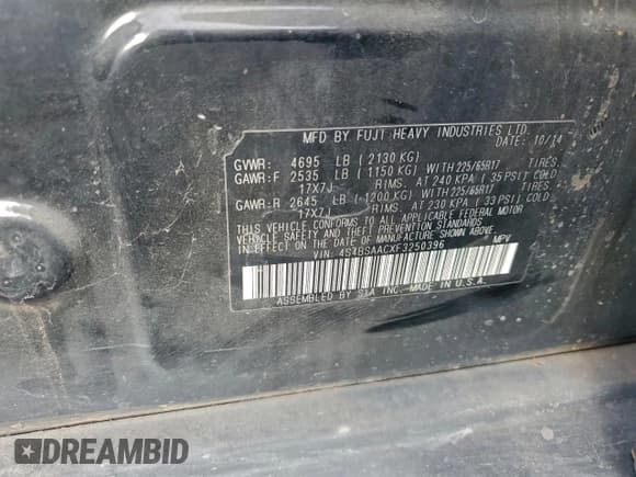 ✅ 2015 Subaru Outback 2.5i • VIN: 4S4BSAACXF3250396 • Lot: 94075345. Listed on Copart with Not provided. Free auction sales archive from the USA and detailed vehicle history report at DreamBid. Image 12.