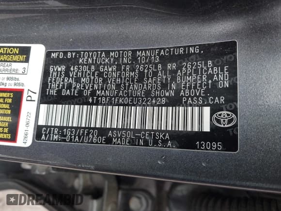 ✅ 2014 Toyota Camry SE • VIN: 4T1BF1FK0EU322428 • Lot: 43869586. Listed on IAAI with 146,671 mi. Free auction sales archive from the USA and detailed vehicle history report at DreamBid. Image 9.