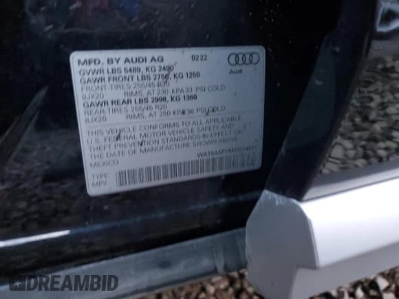 ✅ 2022 Audi Q5 Sportback S line Premium Plus • VIN: WA15AAFY6N2074521 • Lot: 92601875. Listed on Copart with 37,737 mi. Free auction sales archive from the USA and detailed vehicle history report at DreamBid. Image 14.