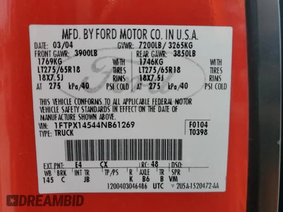 ✅ 2004 Ford F-150 XLT • VIN: 1FTPX14544NB61269 • Lot: 91166515. Wystawiony na Copart z przebiegiem 139 184 mil. Bezpłatny archiwum sprzedaży aukcyjnych z USA i szczegółowy raport historii pojazdu na DreamBid. Zdjęcie 12.