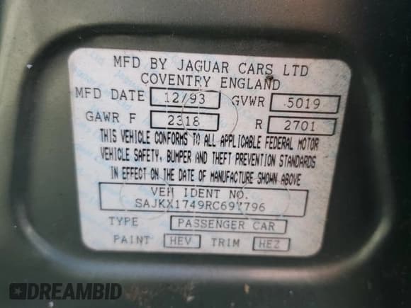 ✅ 1994 Jaguar XJ • VIN: SAJKX1749RC697796 • Lot: 51372025. Wystawiony na Copart z przebiegiem Nie podano. Bezpłatny archiwum sprzedaży aukcyjnych z USA i szczegółowy raport historii pojazdu na DreamBid. Zdjęcie 12.