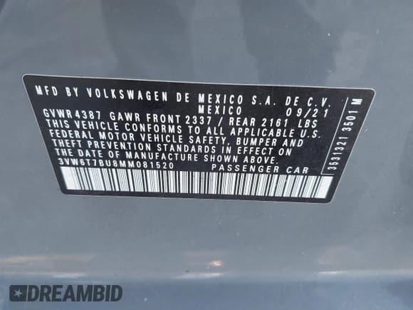 ✅ 2021 Volkswagen Jetta S • VIN: 3VW6T7BU8MM081520 • Лот: 43619003. Опубликован ранее на IAAI с пробегом 68 255 миль. Бесплатный доступ к архиву аукционных продаж из США и подробный отчёт об истории автомобиля на DreamBid. Изображение 9.