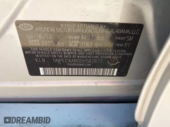 ✅ 2013 Hyundai Sonata SE • VIN: 5NPEC4AB0DH562672 • Lot: 43363091. Listed on IAAI with 79,004 mi. Free auction sales archive from the USA and detailed vehicle history report at DreamBid. Image 9.