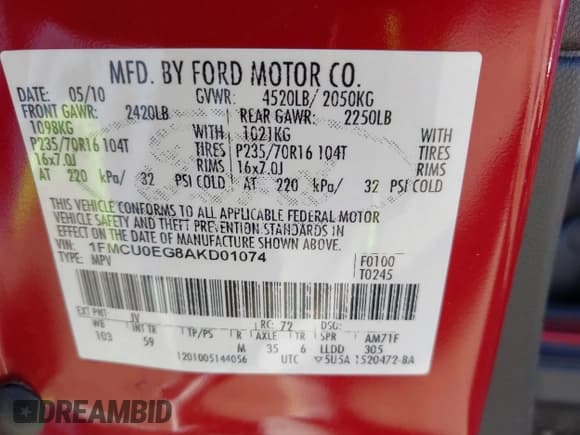 ✅ 2010 Ford Escape Limited • VIN: 1FMCU0EG8AKD01074 • Lot: 43732560. Listed on IAAI with 83,954 mi. Free auction sales archive from the USA and detailed vehicle history report at DreamBid. Image 9.