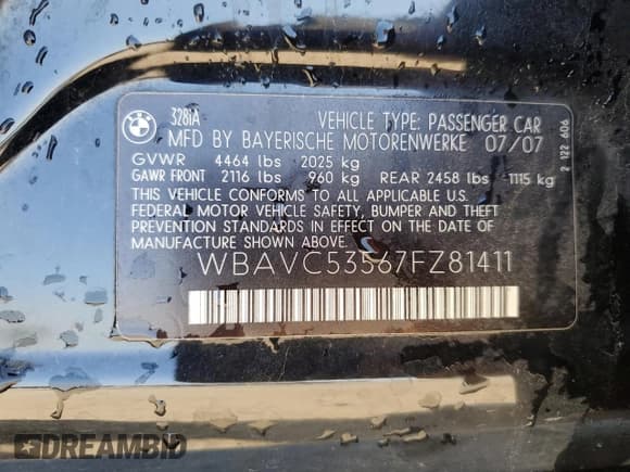 ✅ 2007 BMW 3 Series 328i • VIN: WBAVC53567FZ81411 • Лот: 56689235. Опубликован ранее на Copart с пробегом 143 823 миль. Бесплатный доступ к архиву аукционных продаж из США и подробный отчёт об истории автомобиля на DreamBid. Изображение 12.