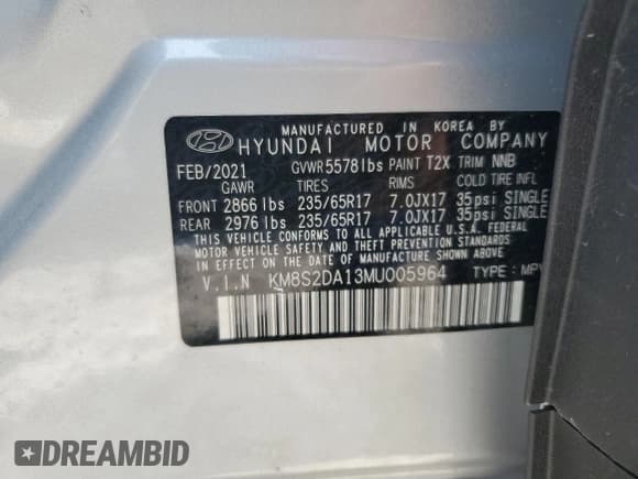 ✅ 2021 Hyundai Santa Fe Blue • VIN: KM8S2DA13MU005964 • Лот: 60762283. Опубликован ранее на Copart с пробегом 10 314 миль. Бесплатный доступ к архиву аукционных продаж из США и подробный отчёт об истории автомобиля на DreamBid. Изображение 12.