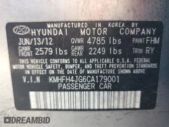 ✅ 2012 Hyundai Azera • VIN: KMHFH4JG6CA179001 • Лот: 92294655. Опубликован ранее на Copart с пробегом 177 690 миль. Бесплатный доступ к архиву аукционных продаж из США и подробный отчёт об истории автомобиля на DreamBid. Изображение 12.