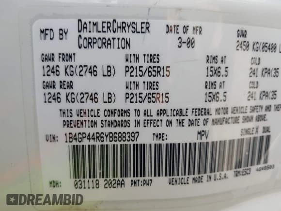 ✅ 2000 Dodge Caravan SE • VIN: 1B4GP44R6YB688397 • Лот: 42977835. Опубликован ранее на IAAI с пробегом 106 610 миль. Бесплатный доступ к архиву аукционных продаж из США и подробный отчёт об истории автомобиля на DreamBid. Изображение 9.