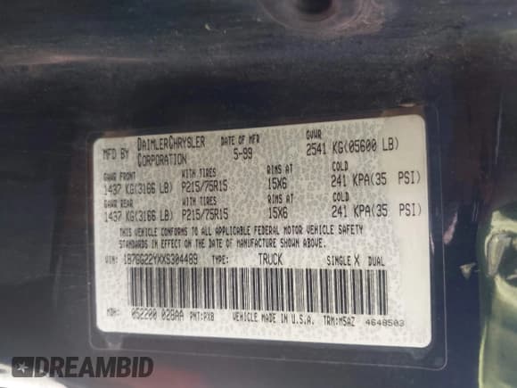 ✅ 1999 Dodge Dakota SLT • VIN: 1B7GG22YXXS304489 • Lot: 42326703. Wystawiony na IAAI z przebiegiem 183 490 mil. Bezpłatny archiwum sprzedaży aukcyjnych z USA i szczegółowy raport historii pojazdu na DreamBid. Zdjęcie 9.