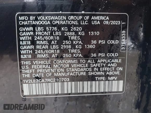 ✅ 2024 Volkswagen Atlas SE • VIN: 1V2LE2CA7RC210703 • Lot: 41281929. Wystawiony na IAAI z przebiegiem Nie podano. Bezpłatny archiwum sprzedaży aukcyjnych z USA i szczegółowy raport historii pojazdu na DreamBid. Zdjęcie 9.