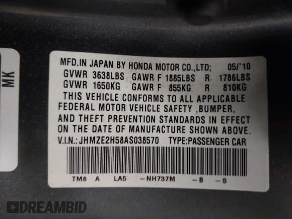 ✅ 2010 Honda Insight LX • VIN: JHMZE2H58AS038570 • Lot: 43848401. Listed on IAAI with 158,775 mi. Free auction sales archive from the USA and detailed vehicle history report at DreamBid. Image 9.