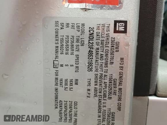 ✅ 2008 Chevrolet Equinox LS • VIN: 2CNDL23F486318626 • Лот: 61826265. Опубликован ранее на Copart с пробегом 130 731 миль. Бесплатный доступ к архиву аукционных продаж из США и подробный отчёт об истории автомобиля на DreamBid. Изображение 13.