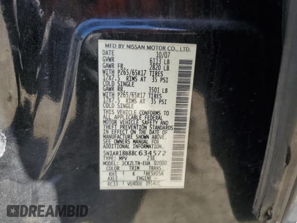 ✅ 2008 Nissan Pathfinder S • VIN: 5N1AR18B88C634572 • Lot: 82356925. Wystawiony na Copart z przebiegiem 215 588 mil. Bezpłatny archiwum sprzedaży aukcyjnych z USA i szczegółowy raport historii pojazdu na DreamBid. Zdjęcie 13.