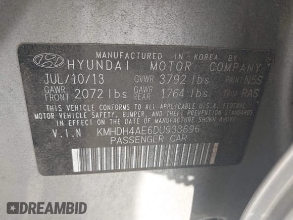 ✅ 2013 Hyundai Elantra GLS • VIN: KMHDH4AE6DU933696 • Lot: 43698107. Listed on IAAI with 49,766 mi. Free auction sales archive from the USA and detailed vehicle history report at DreamBid. Image 9.