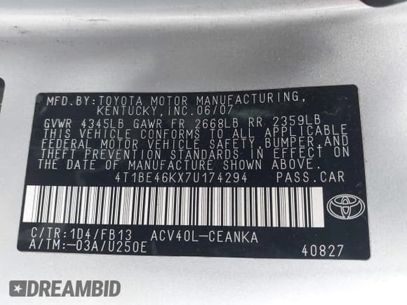 ✅ 2007 Toyota Camry XLE • VIN: 4T1BE46KX7U174294 • Lot: 43830715. Wystawiony na IAAI z przebiegiem 335 628 mil. Bezpłatny archiwum sprzedaży aukcyjnych z USA i szczegółowy raport historii pojazdu na DreamBid. Zdjęcie 9.