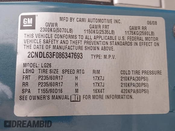 ✅ 2008 Chevrolet Equinox LT • VIN: 2CNDL63F086347693 • Лот: 41909736. Опубликован ранее на IAAI с пробегом 140 824 миль. Бесплатный доступ к архиву аукционных продаж из США и подробный отчёт об истории автомобиля на DreamBid. Изображение 9.