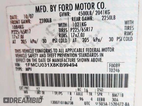 ✅ 2008 Ford Escape XLT • VIN: 1FMCU031X8KB99494 • Lot: 92678905. Listed on Copart with 242,458 mi. Free auction sales archive from the USA and detailed vehicle history report at DreamBid. Image 13.