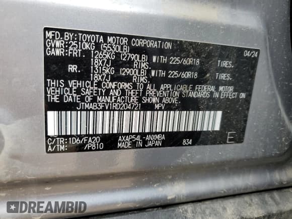 ✅ 2024 Toyota RAV4 SE • VIN: JTMAB3FV1RD204721 • Лот: 85337855. Опубликован ранее на Copart с пробегом 3 964 миль. Бесплатный доступ к архиву аукционных продаж из США и подробный отчёт об истории автомобиля на DreamBid. Изображение 13.