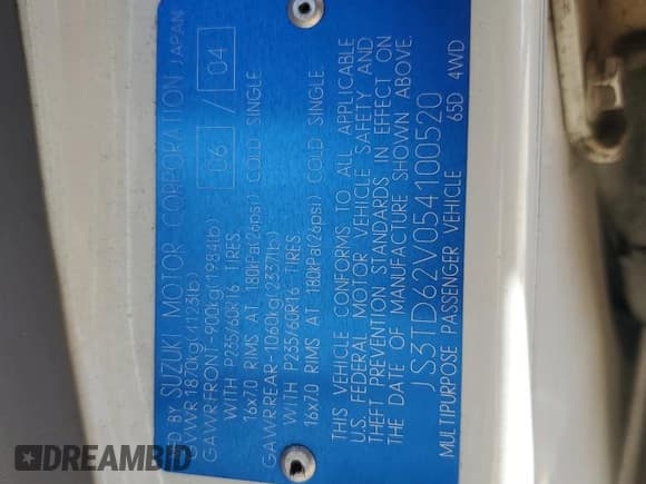 ✅ 2005 Suzuki Grand Vitara LX • VIN: JS3TD62V054100520 • Lot: 47001355. Wystawiony na Copart z przebiegiem 154 181 mil. Bezpłatny archiwum sprzedaży aukcyjnych z USA i szczegółowy raport historii pojazdu na DreamBid. Zdjęcie 16.