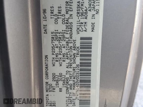 ✅ 1997 Toyota T100 SR5 • VIN: JT4TN14D3V0031106 • Lot: 83483654. Wystawiony na Copart z przebiegiem 242 964 mil. Bezpłatny archiwum sprzedaży aukcyjnych z USA i szczegółowy raport historii pojazdu na DreamBid. Zdjęcie 12.