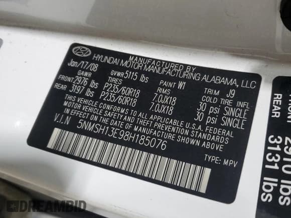 ✅ 2008 Hyundai Santa Fe SE • VIN: 5NMSH13E98H185076 • Lot: 79198994. Listed on Copart with 239,334 mi. Free auction sales archive from the USA and detailed vehicle history report at DreamBid. Image 13.